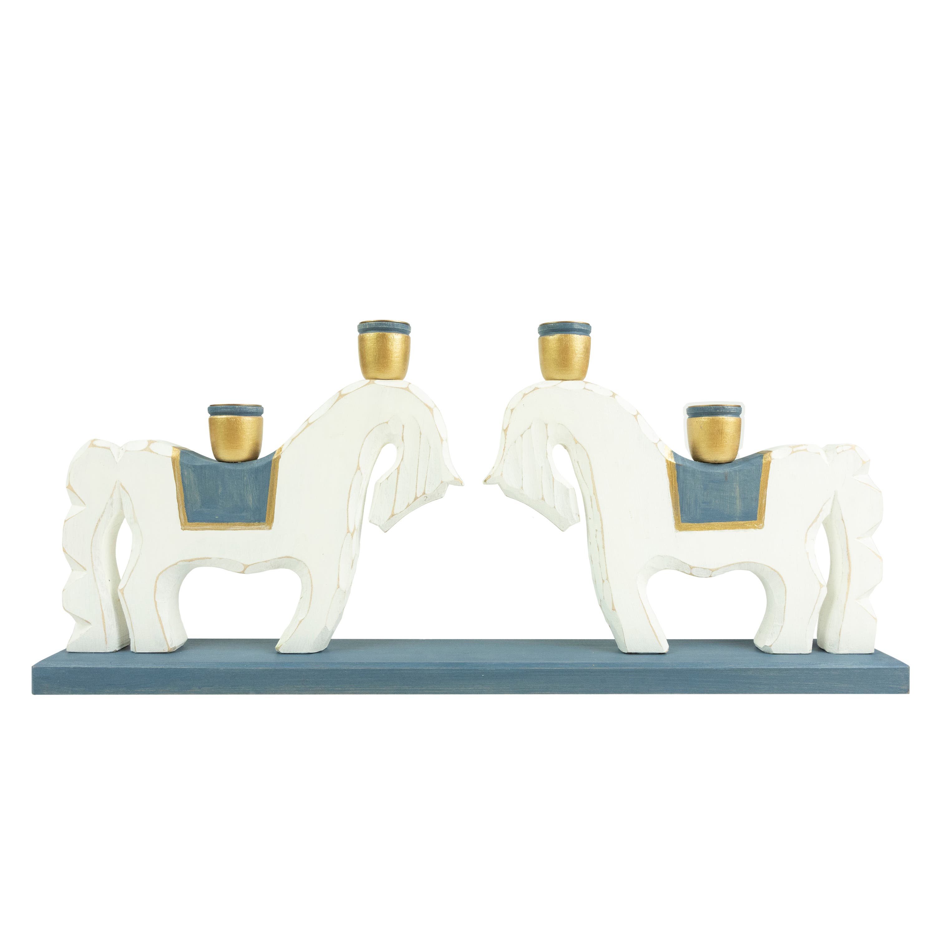 Candle Holder Pair Horse White/Blue