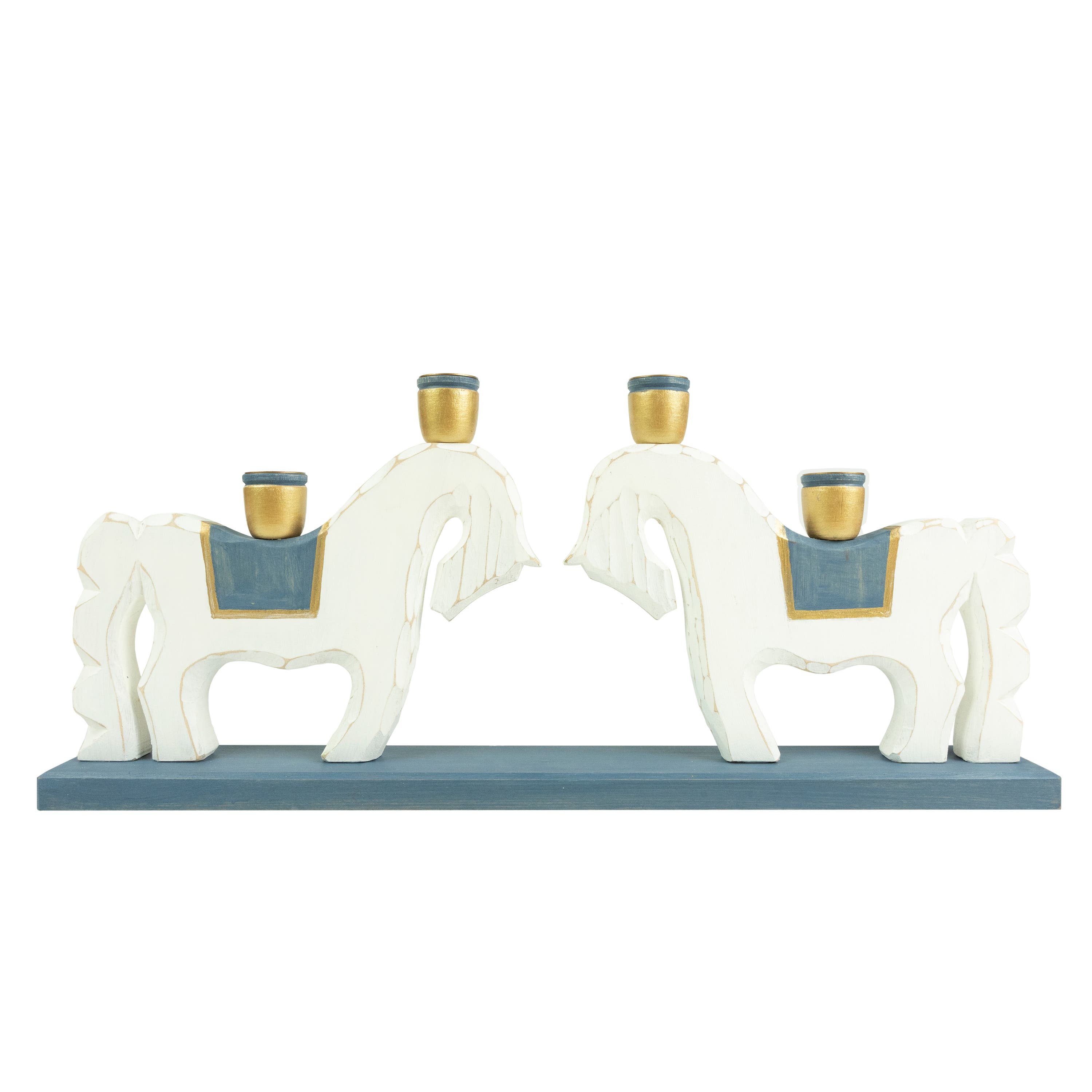 Candle Holder Pair Horse White/Blue